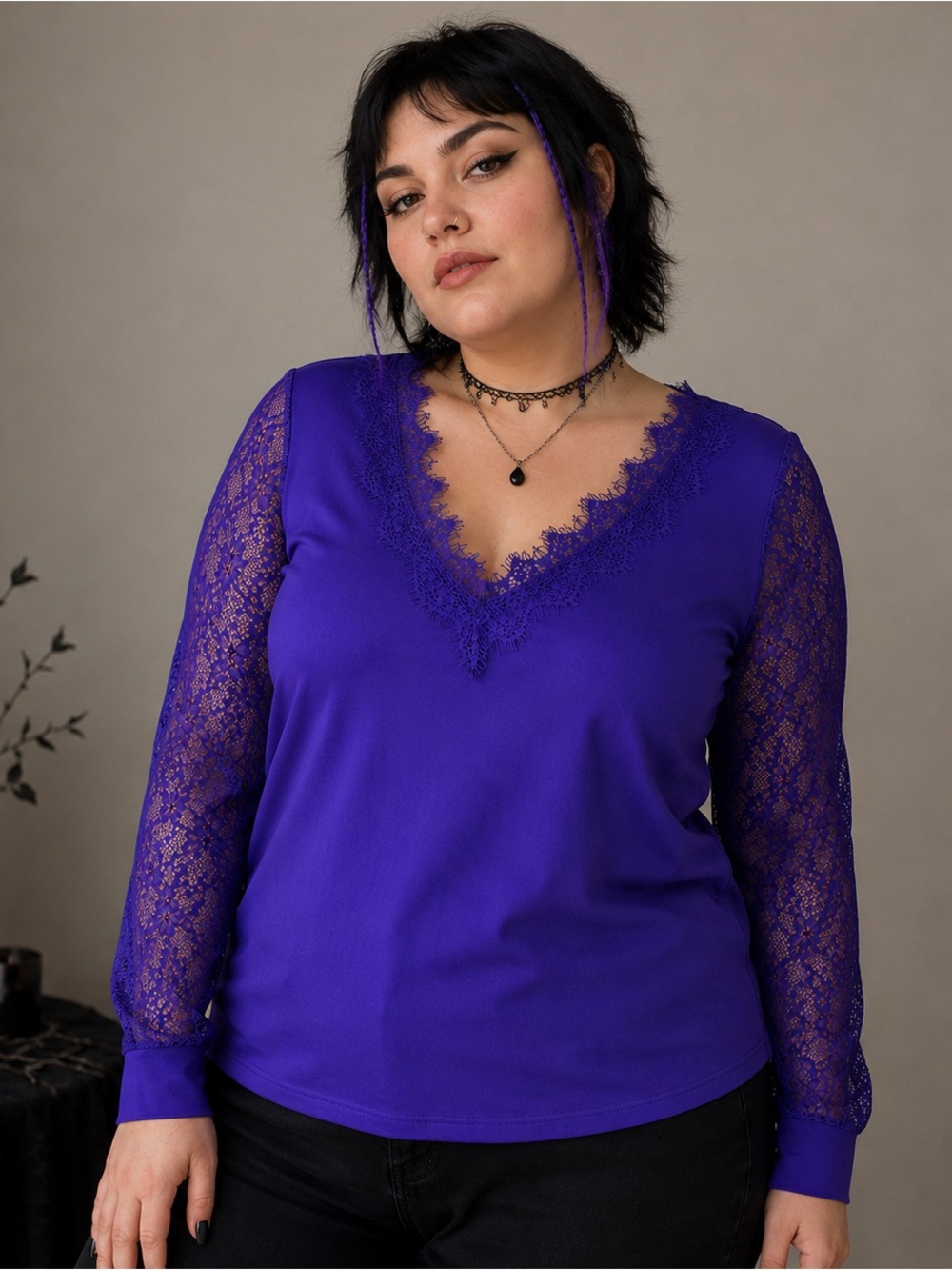 NWOT Lace Sleeve Top Womens L Cotton Blend V Neck Purple Boho Gothic Whimsigoth